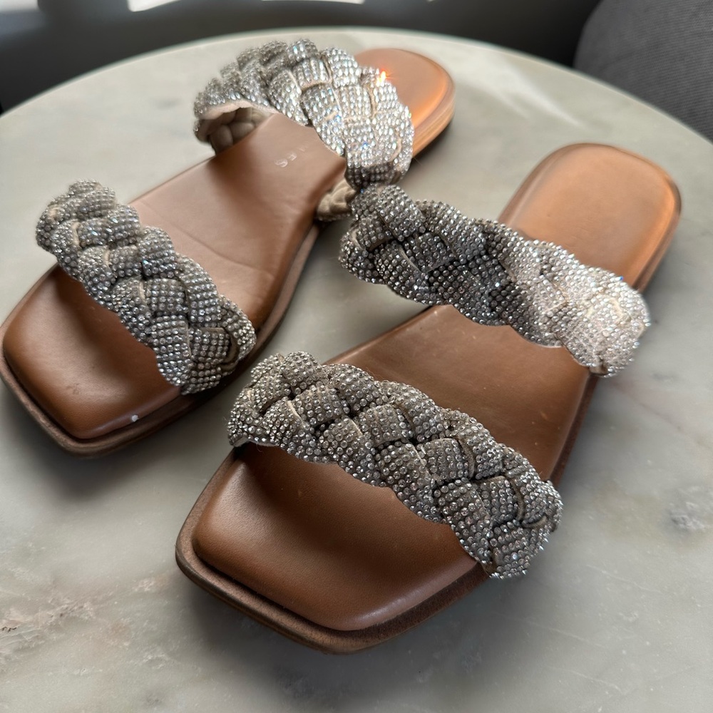 Crystal Braided Double-Strap Slide Sandals - Silver